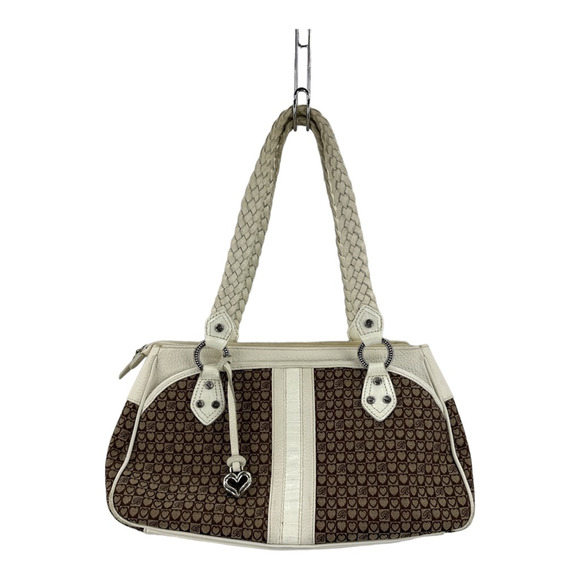 Brighton Womens Satchel Handbag Brown White Textile Monogram Braided Straps M - Picture 1 of 10